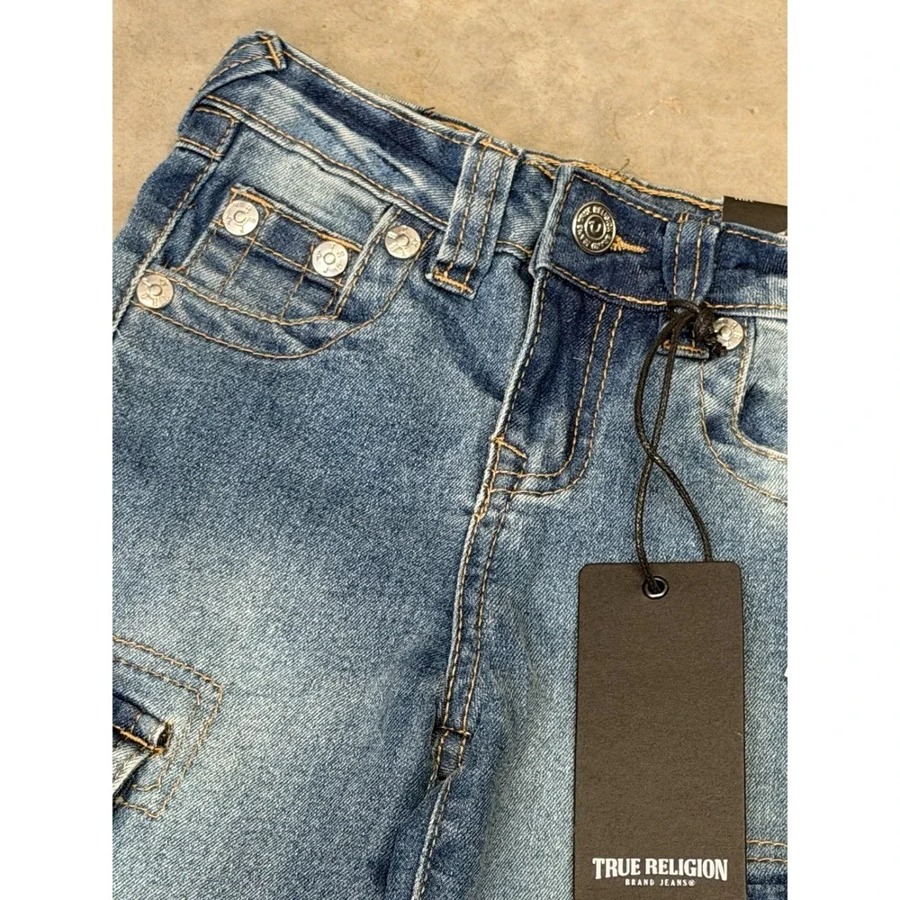 NWT True Religion Denim Leila Mid Rise Wide Leg 4 Bling Cargo Pocket A4-99